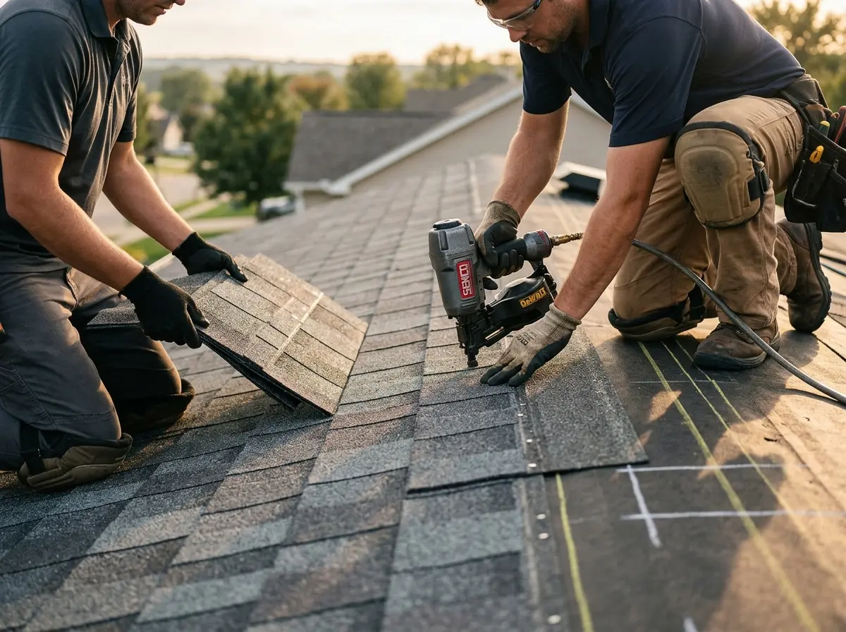 Professional roofer working on a residential roof in Homestead Meadows North